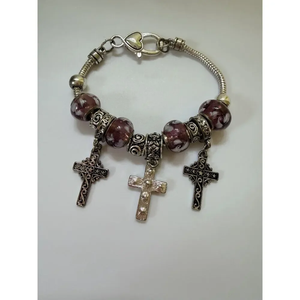CROSS FAITH DANGLE CHARM BRACELET PURPLE‎ SILVERTONE CHUNKY 8” Y2K